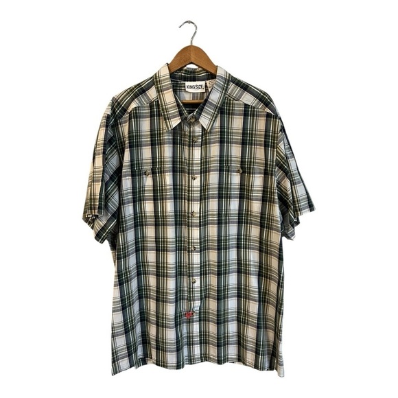 King Size Men's Short Sleeve Plaid Button Up Shirt 3XL Green Blue Cotton - Picture 1 of 4